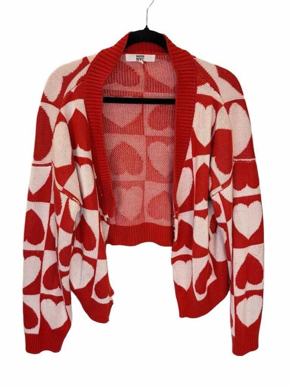 Madden NYC Cardigan Size XXXL Red White Heart Checkered Sweater Open Front